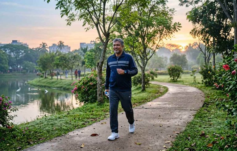 ভোরবেলা পার্কে হাঁটছেন একজন মধ্যবয়সী পুরুষ,