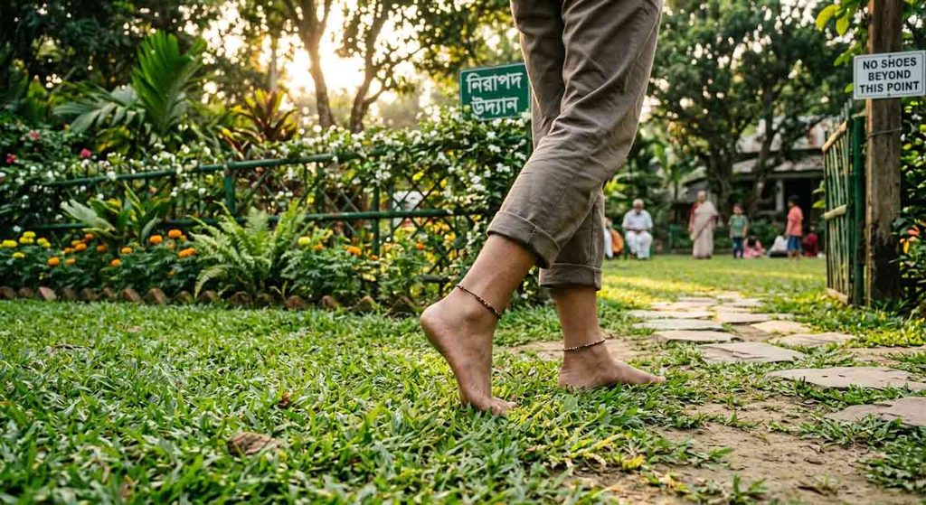বাড়ির সামনে খালি পায়ে হাঁটার দৃশ্য
